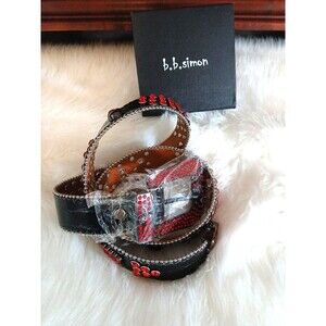 NEW B.B. Simon Belt Silver Studs w/Red Stones and  Skulls Signature Logo